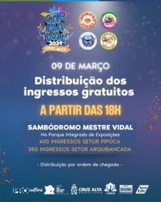 Ingressos gratuitos para o Carnaval serão distribuídos no sábado