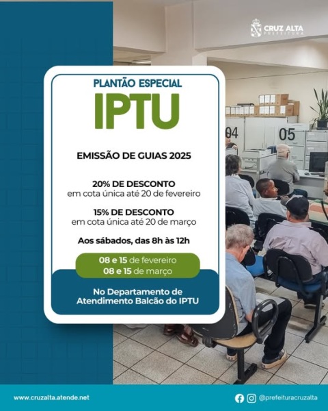 BALCÃO DO IPTU> Próximo sábado dia 08 tem plantão para emissão de guias