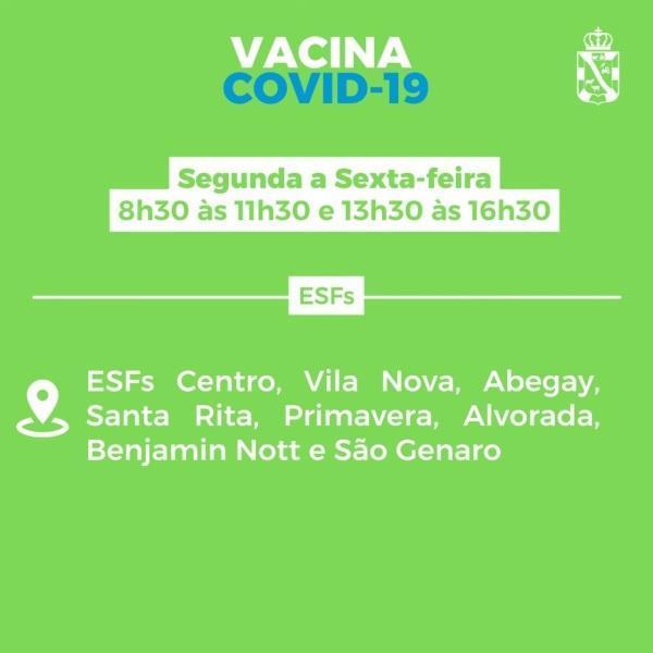 Vacinação contra a Covid-19 em Cruz Alta nesta segunda-feira em várias ESFs