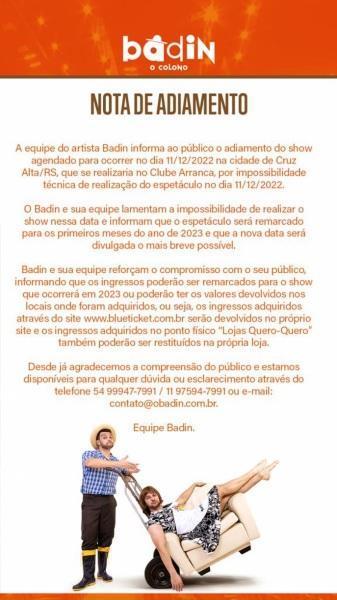 Show do Humorista Badin é cancelado em C. Alta devido impossibilidade técnica 