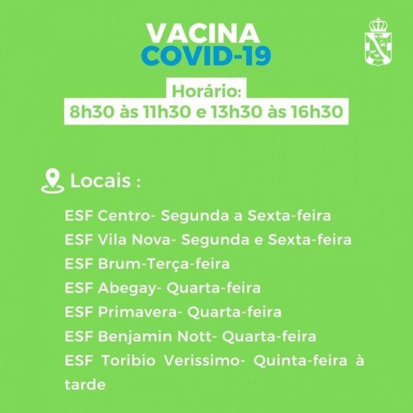 Vacinação contra a covid-19 nesta quinta na ESF Centro e ESF Toribio Verissimo