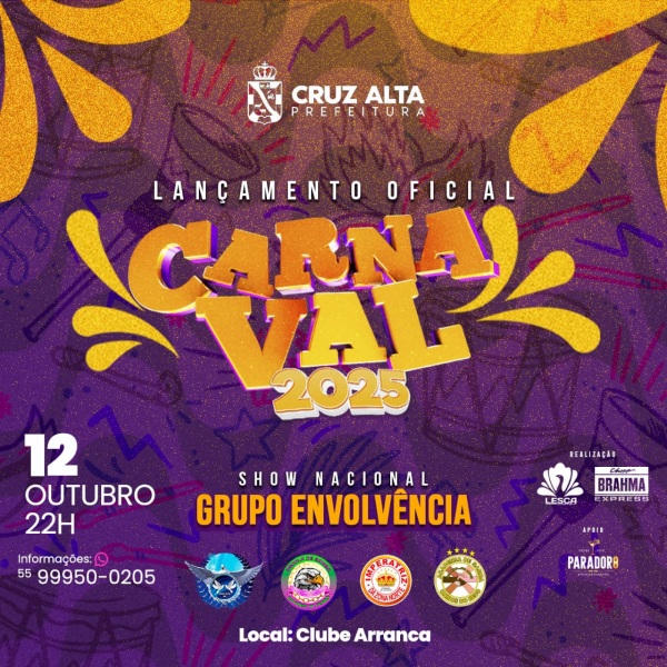 É AMANHÃ> O lançamento do Carnaval 2025 de Cruz Alta no Clube Arranca