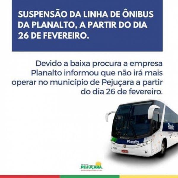 Planalto vai deixar de operar a linha de ônibus entre Pejuçara