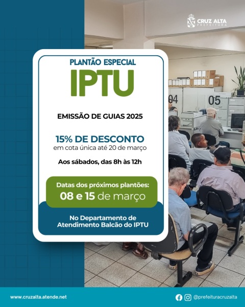 EMISSÃO DE GUIAS DO IPTU> Hoje sábado dia 15 tem mais um plantão