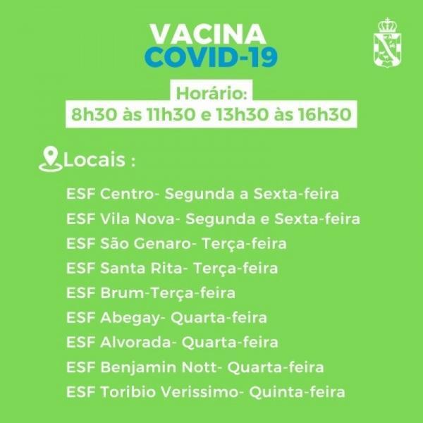 Vacinação contra  covid-19: hoje ESF Centro , Abegay, Alvorada e Benjamin Nott