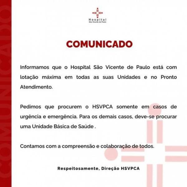 Hospital São Vicente de Paulo emite nota 