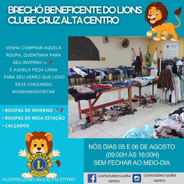 EM AGOSTO> Mais um Brechó Beneficente do Lions Clube Cruz Alta Centro