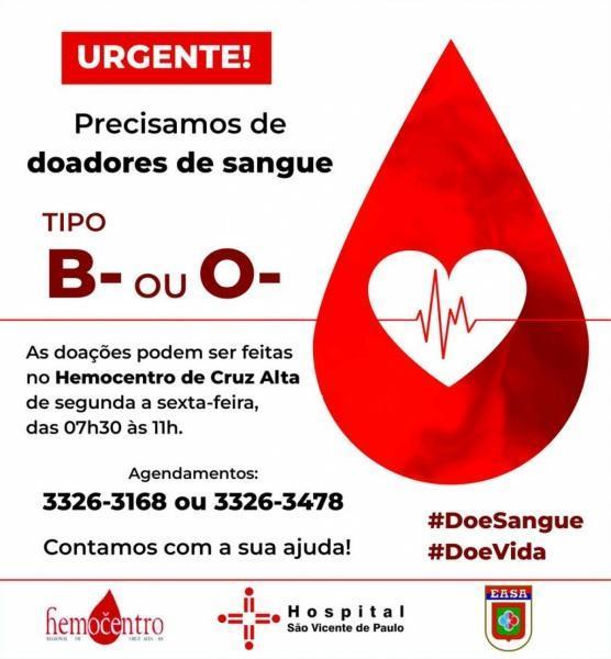 Hospital São Vicente de Paulo pede doações de sangue 
