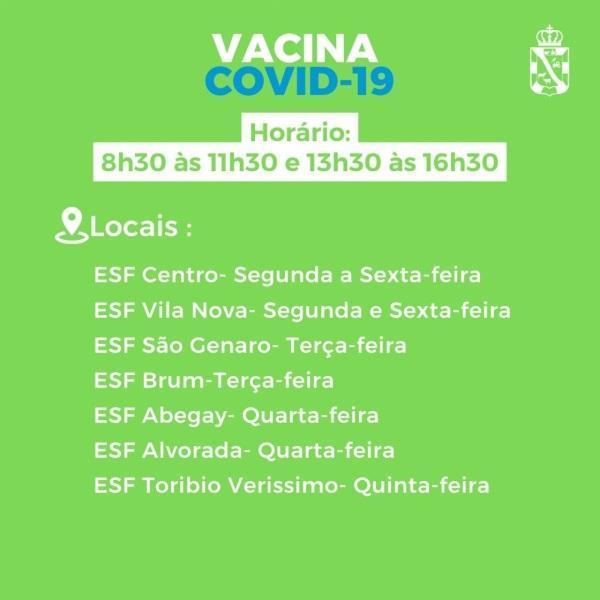 Vacinação contra a covid-19 : Nesta quarta ESF Centro, Abegay e Alvorada